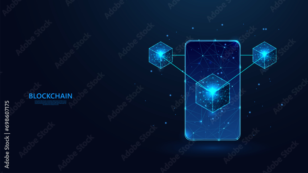 Poster Blockchain technology concept on abstract smartphone screen in low poly wireframe futuristic style. Blue background with a sprinkling of shining stars.