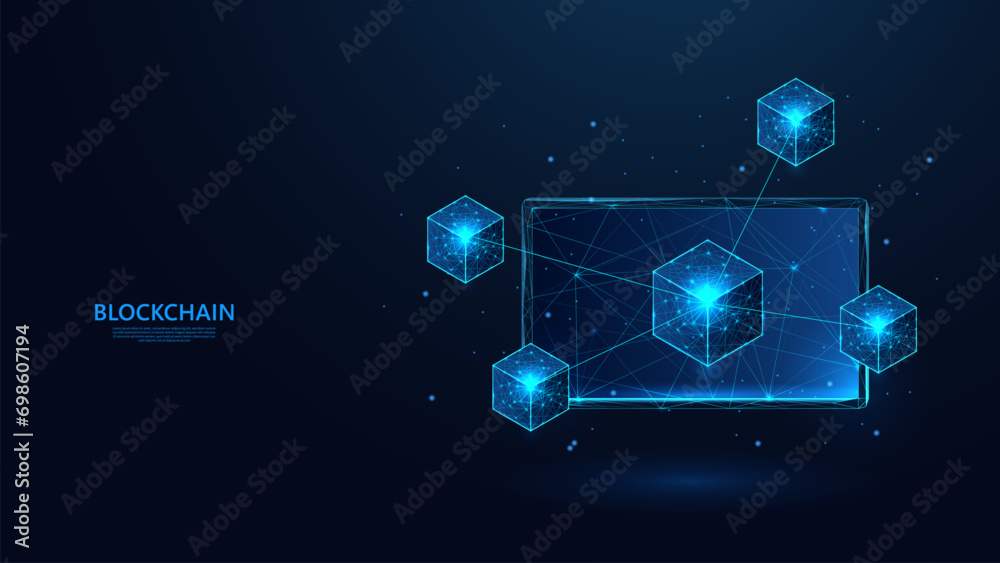 Leinwandbilder blockchain technology concept on abstract tablet screen in low poly wireframe futuristic style. blue