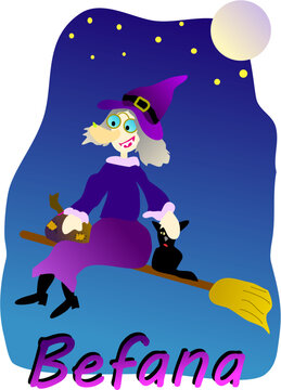 Befana on the broom with black cat