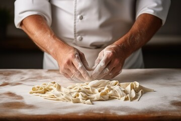 The cook's male hands close making pasta
