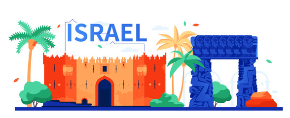 Damascus and Faith in Jaffa Gate - modern colored vector illustration with stone sculpture and muslim quarter of the Old City of Jerusalem. Architecture, unesco, tourism and sights of Israel idea - obrazy, fototapety, plakaty