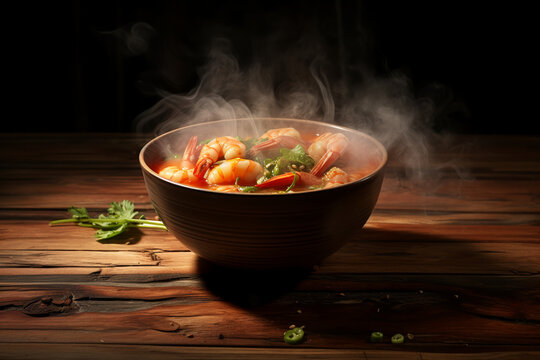 Tomyam on smoke and dark wooden table. Generative AI