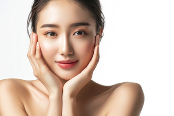 Beautiful portrait asian Korean woman makeup of cosmetic, beauty of happy girl with face smile attractive isolated on white background, perfect with wellness and healthcare concept. - obrazy, fototapety, plakaty
