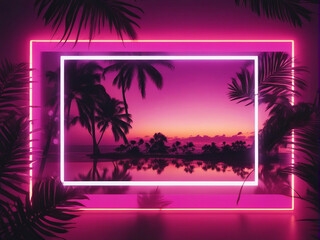 Tropical Palm Leaves with Glowing Neon Frame Mockup