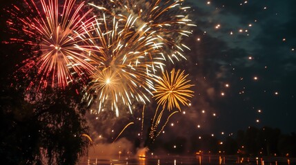 a spectacular fireworks display in the night sky, with multiple bursts of fireworks in different shapes and colors including reds and yellows illuminating the darkness.
