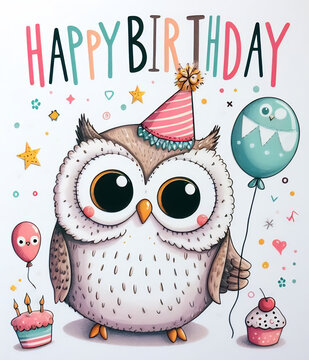 Owl themed birthday card, cartoon owl with party hat holding balloon, "Happy Birthday" title
