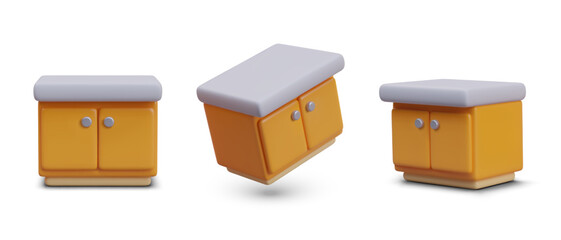 3D chest of drawers, front, side view, at angle. Set of colored vector furniture. Low model with two doors. Cute illustration for web design. Empty surface, mockup