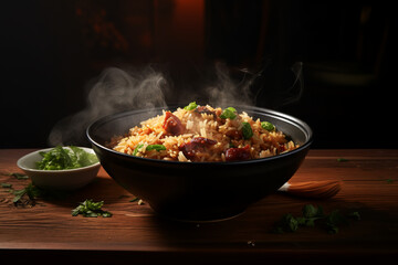 Fried rice on smoke and dark wooden table. Generative AI
