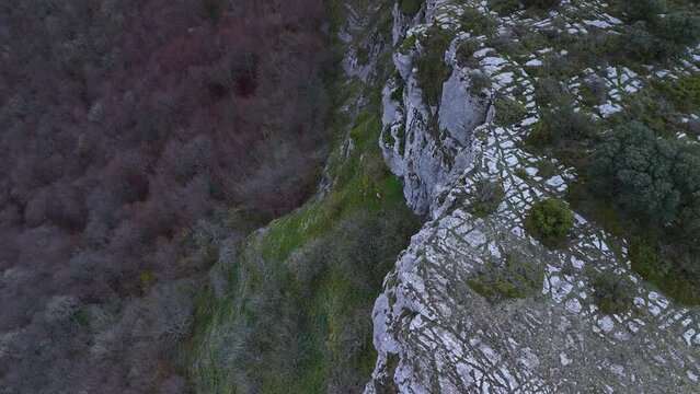 Winter landscape around the trap for hunting wolves (Canis lupus), called the Lobera de Barr&oacute;n in the Sierra de Arcamo. Aerial view from a drone. Artaza. Alava. Basque Country. Spain. Europe