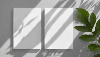 white paper with a background,  two vertical sheets of textured white paper against a soft gray table background. the natural light creates subtle shadows from an exotic plant, enhancing the mockup