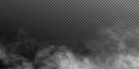 The image depicts various atmospheric phenomena such as fog, smoke, mist, and steam. The realistic 3D vector mockup shows a perspective view of white smog clouds.