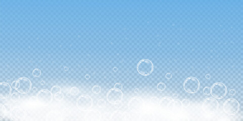 This vector template shows a bath foam with shampoo bubbles isolated on a transparent background. It can be used for advertising purposes. Mousse bath foam. - obrazy, fototapety, plakaty