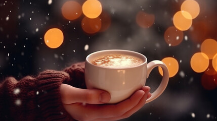 a cup of coffee in hands in the cold winter. generative ai