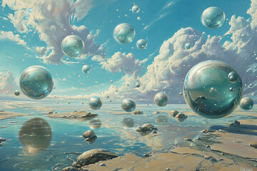 Ocean of Illusions - Surreal seascape where the ocean transforms into a vast expanse of floating orbs, each encapsulating its own universe, creating an otherworldly dreamscape that