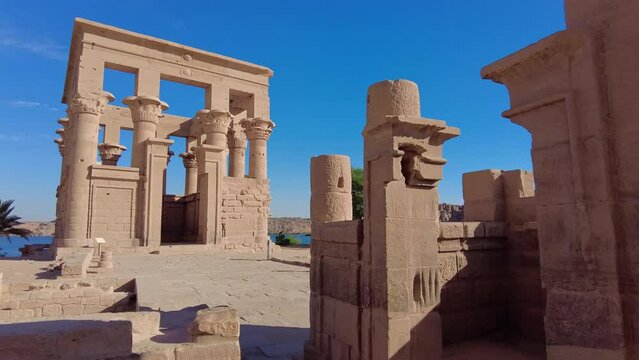 Aswan, Egypt: Exterior footage of the famous Trajan's Kiosk in the Philae Temple complex on the Nile river in Upper Egypt in Africa. 