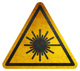 Laser radiation hazard safety danger warning sign sticker label, high power beam icon signage, isolated, black triangle over yellow, Attention symbol of non ionized threat alert. Attention symbol