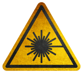 Laser radiation hazard safety danger warning sign sticker label, high power beam icon signage, isolated, black triangle over yellow, Attention symbol of non ionized threat alert. Attention symbol