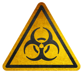 Danger symbol. Biohazard yellow triangle warning sign. Quarantine sign. Biohazard  symbol on yellow background in triangle. Hazard warning symbol rustic texture.