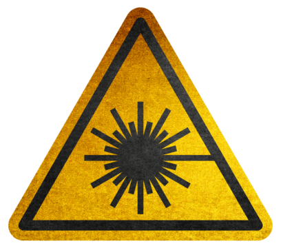 Laser radiation hazard safety danger warning sign sticker label, high power beam icon signage, isolated, black triangle over yellow, Attention symbol of non ionized threat alert. Attention symbol