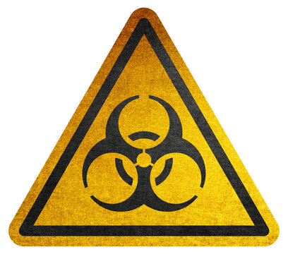 Danger symbol. Biohazard yellow triangle warning sign. Quarantine sign. Biohazard  symbol on yellow background in triangle. Hazard warning symbol rustic texture.