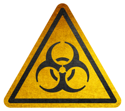 Danger symbol. Biohazard yellow triangle warning sign. Quarantine sign. Biohazard  symbol on yellow background in triangle. Hazard warning symbol rustic texture.