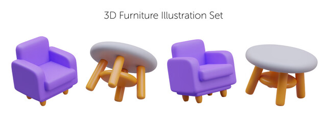 Set of vector home furniture for seating. Purple soft armchair and footstool. Small stool. 3D objects from different angles. Concept of coziness and comfort