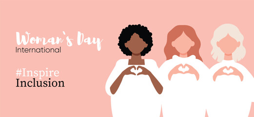 International Women s Day concept holiday. Diverse women with heart-shaped hands stand together