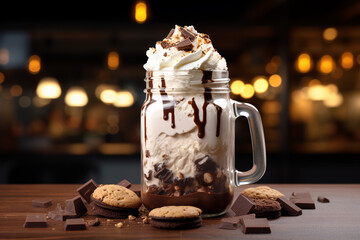 Chocolate milkshake with ice cream and with whipped cream, chocolate shavings, cookies, messy, served in glass mason jar. Generative AI - obrazy, fototapety, plakaty
