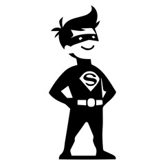 Minimal Funny Super Hero Comic Flat character vector silhouette, black color silhouette, white background