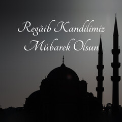 Regaip Kandili concept image. Silhouette of Eminonu Yeni Cami or New Mosque