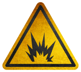 Warning Hazard Caution ISO Signs Icon Symbol Pictogram Explosion. W 02 sign. Explosive substances. Hazard warning symbol rustic texture. Attention symbol of non ionized threat alert. Attention symbol