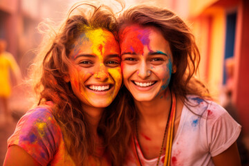 Two happy young european girls friends with colorful powder paints on them celebrating Holi.