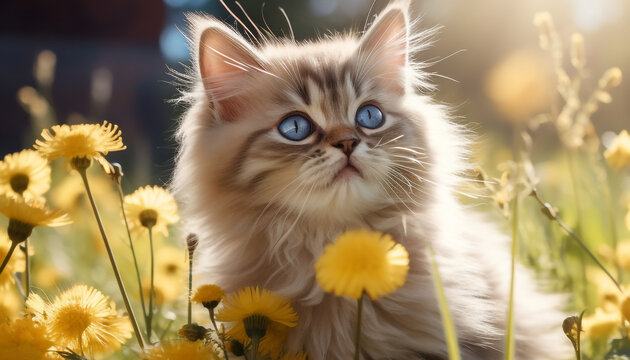 A blue eyes cat in dandelions photo on view warm sunny day HD Wallpaper