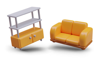 Composition with bookshelf and sofa for comfortable rest at home. Realistic furniture in yellow colors with shadow. Different furniture for house. Vector illustration in 3d style