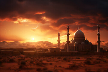 A view of a mosque in the desert with a crescent of a moon in the sky. Generative AI