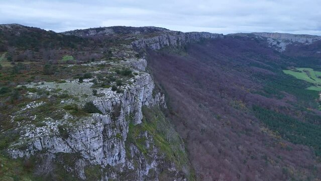 Winter landscape around the trap for hunting wolves (Canis lupus), called the Lobera de Barr&oacute;n in the Sierra de Arcamo. Aerial view from a drone. Artaza. Alava. Basque Country. Spain. Europe