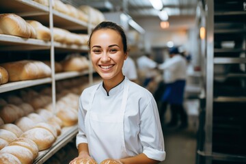 A young female technologist baker smiles against the background of shelves with bread. Professional bakery worker, large bakery, bakery products production - obrazy, fototapety, plakaty