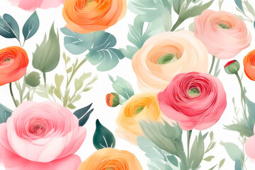Watercolour floral seamless background with ranunculus flowers, leaf and branches.