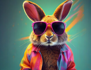 Cool bunny with sunglasses on turquoise background. Generative ai