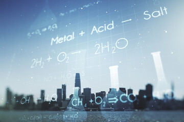 Double exposure of abstract virtual chemistry hologram on San Francisco city skyscrapers...