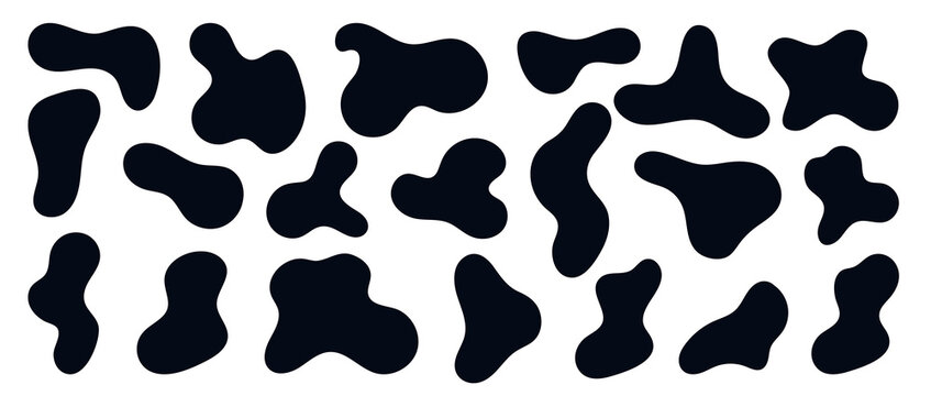 Black wavy blobs. Set of abstract black organic shaped blobs. Collection of black silhouette liquid shapes isolated on white background. Black blotch irregular form vector illustration.