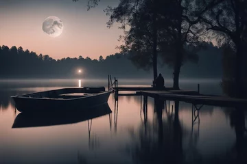 Poster Eerie moonlit lake with a ghostly figure floating on its surface and a haunted boat dock generated by AI © Foyez Ullah
