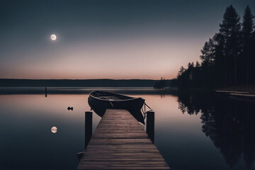 Fototapeta premium Eerie moonlit lake with a ghostly figure floating on its surface and a haunted boat dock generated by AI