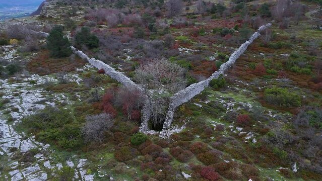 Trap to hunt wolves (Canis lupus), called the Lobera de Barr&oacute;n in the Sierra de Arcamo. Aerial view from a drone. Artaza. Alava. Basque Country. Spain. Europe