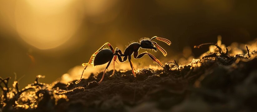 Ant carrying food to nest silhouette.