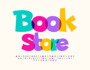 Vector colorful signboard Book Store. Cartoon style Font. Bright Kids Alphabet Letters and Numbers.