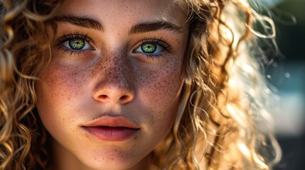 Very Close up portrait of beautiful girl with green eyes and curly hair