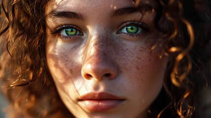 Very Close up portrait of beautiful girl with green eyes and curly hair