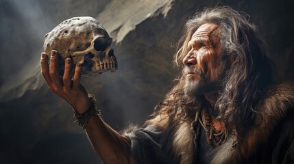Primal Discovery: Neanderthal Caveman Observes Intently a Skull in His Hand - A Fascinating Scene of Ancient Curiosity and Contemplation in Primitive Times.

 - obrazy, fototapety, plakaty