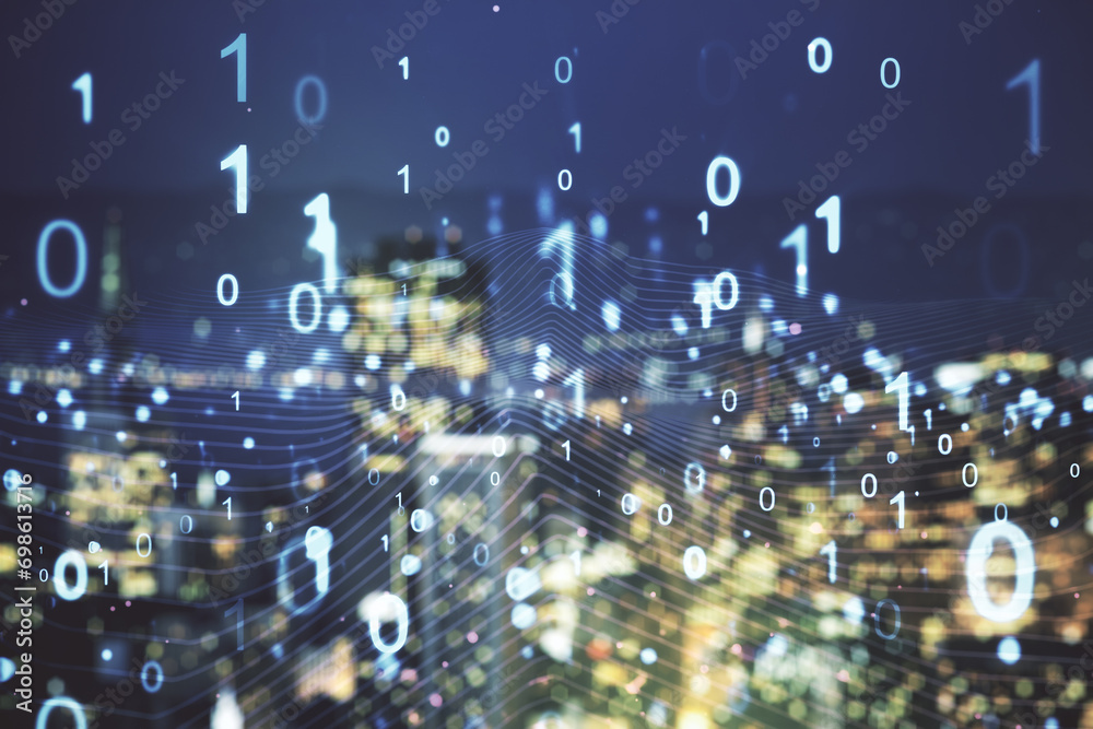 Poster abstract virtual binary code hologram on blurry skyscrapers background, ai and machine learning conc
